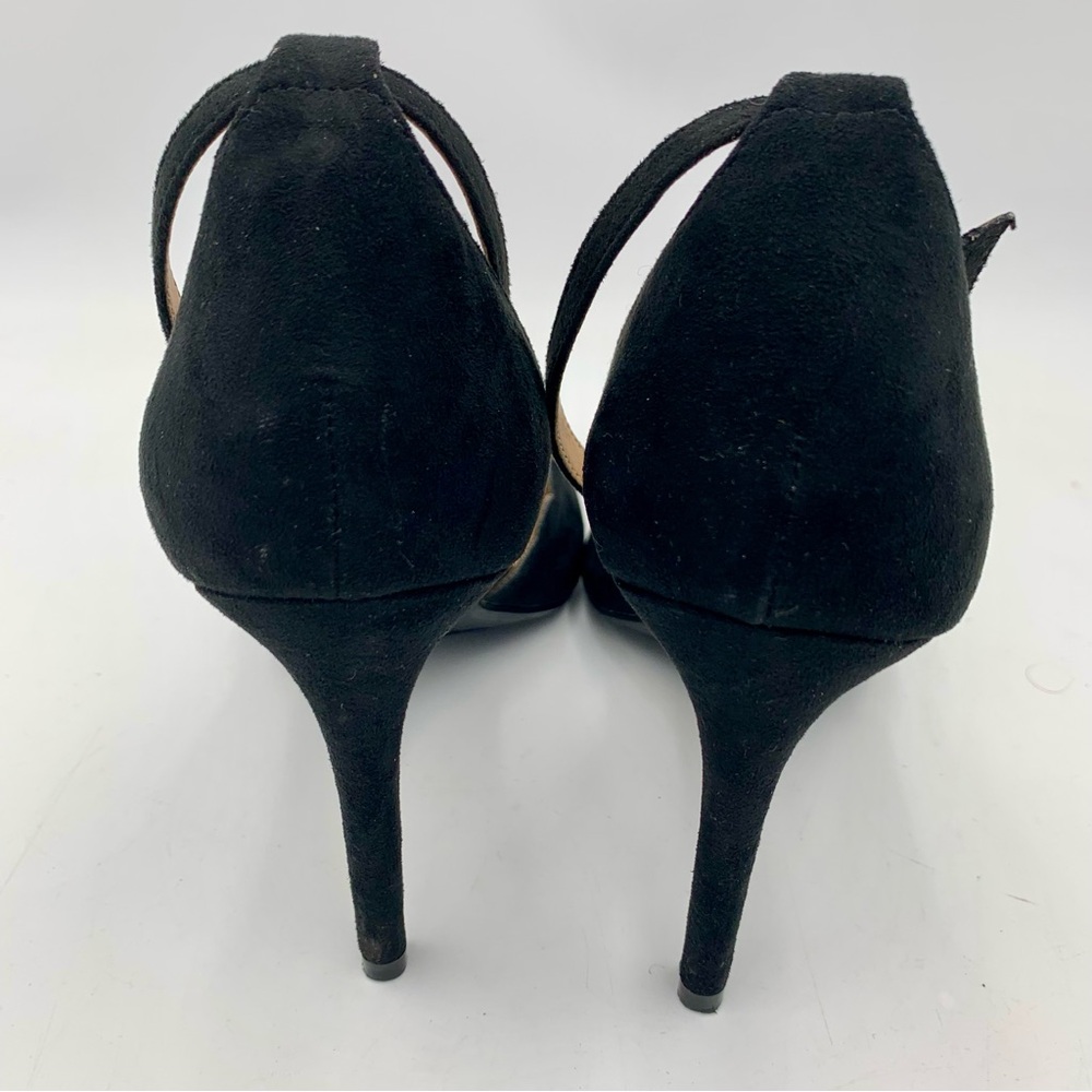 NY&C High Heels Black Faux Suede‎ Women 9.5 Stiletto Ankle Strap Scalloped EUC - Picture 6 of 11